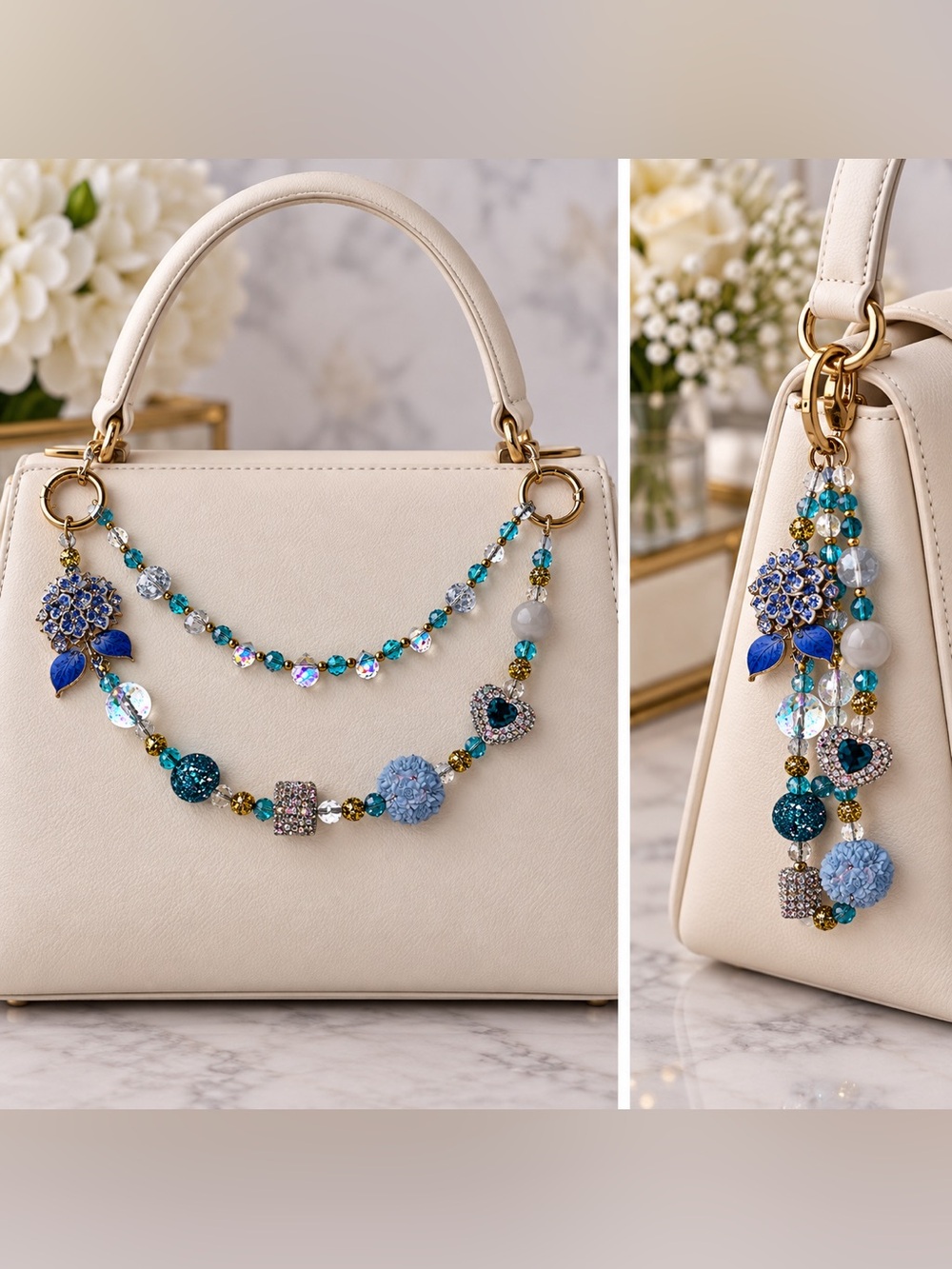 Gorgeous bag charm key ring blues and gold,heart and hydrangea new